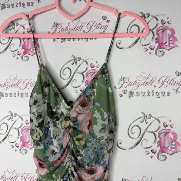 Mind code dress cinched stretchy mesh sexy flowers π Floral Green Dress - Picture 6 of 10
